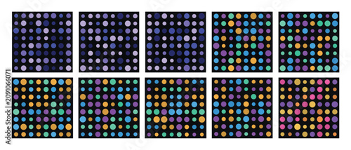 Geometric patterns, colorful dots, pixel art, backgrounds, 10 seamless designs