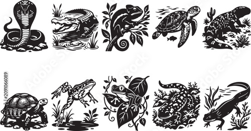 Cuadro en lienzo Set of ten black and white reptile and amphibian silhouettes featuring a cobra,