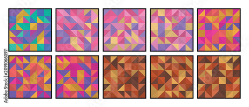 Geometric mosaic patterns, colorful abstract backgrounds, 10 vibrant squares, kaleidoscope designs, digital art elements