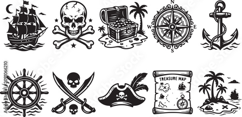 Canvastavla Set of ten pirate and nautical featuring a galleon ship, skull and crossbones, t