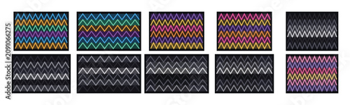 Geometric patterns, colorful zigzags, chevrons, black backgrounds, seamless designs