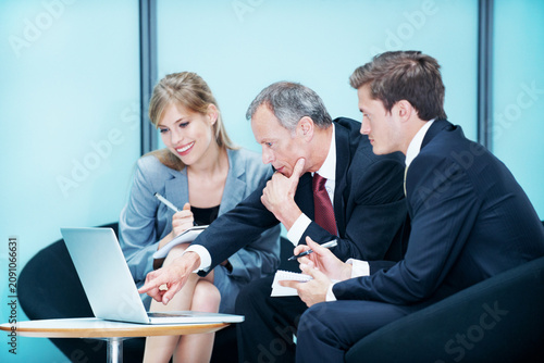 Bild auf Leinwand Laptop, meeting and talk with business people in office for sales projection, stakeholder and research