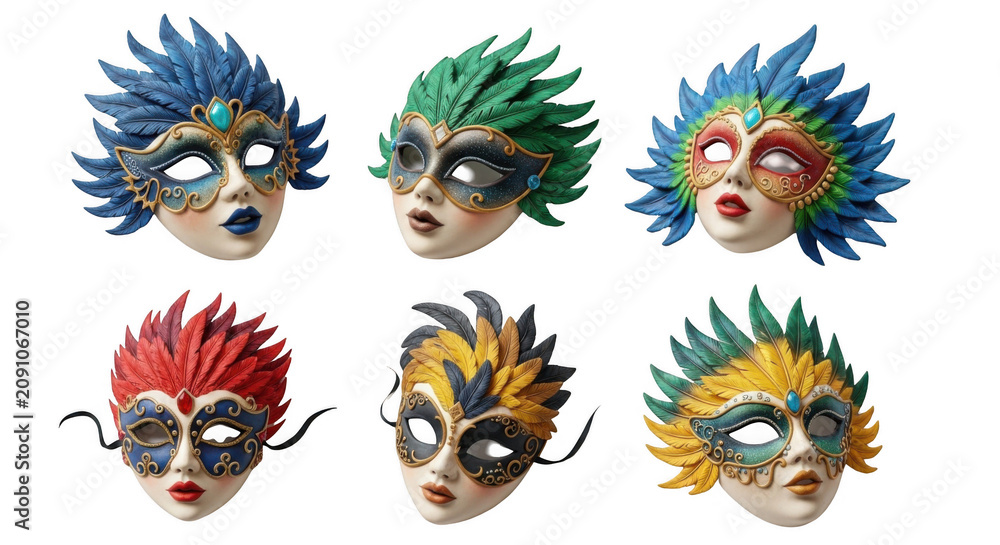 Fototapeta premium colorful carnival masks on white background decorative face coverings ready for celebration and party blank backdrop for design