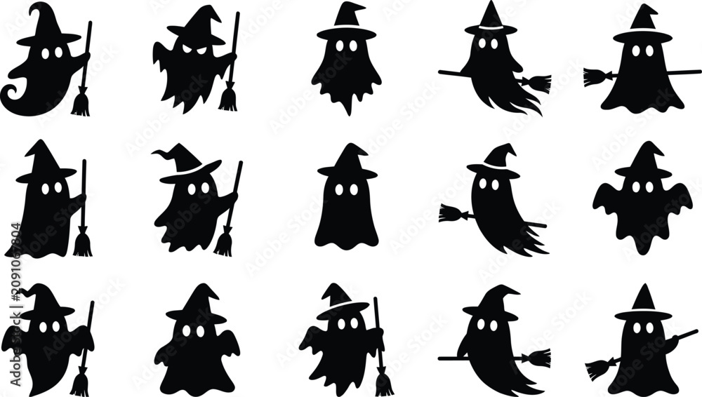 Obraz premium Halloween vector bundle 13 black silhouette ghosts and witches with hats and broomsticks for spooky decorations and designs