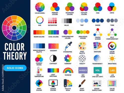 Color theory and design solid icon set with color wheel RGB CMYK palettes gradients and graphic design tools vector illustration