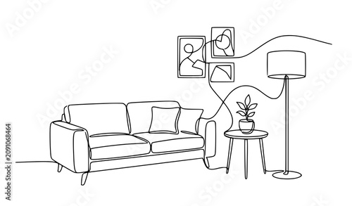 Minimalist Continuous Line Living Room Interior with Comfortable Sofa