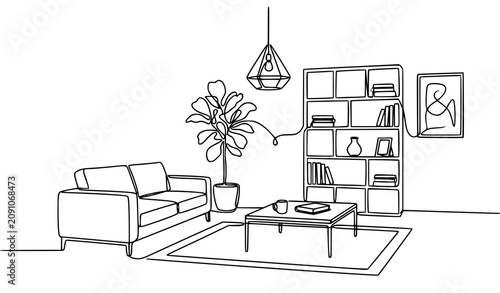 Modern Living Room Continuous One Line Drawing with Furniture Vector Illustration