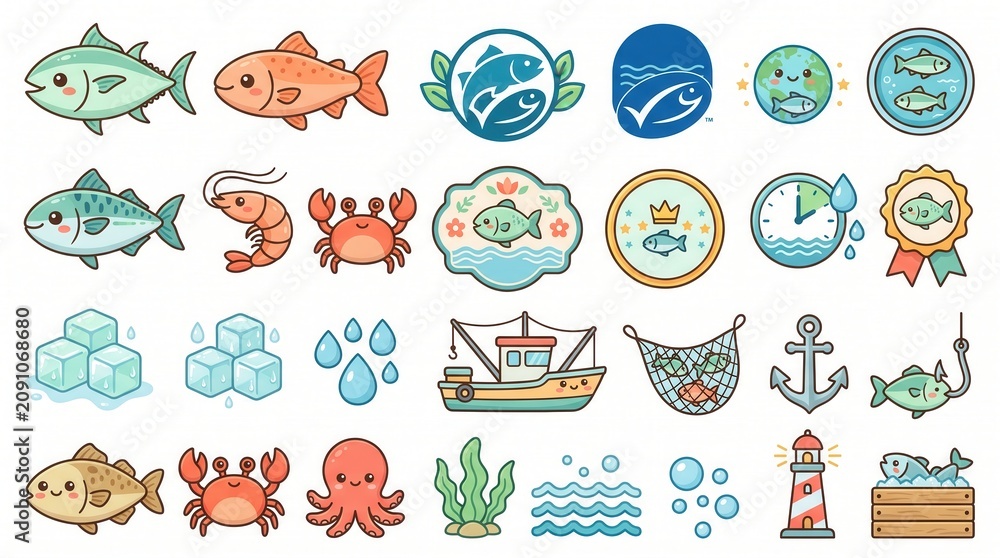 Naklejka premium Collection of vibrant cartoon sea animals, fishing boats, nets, and marine elements