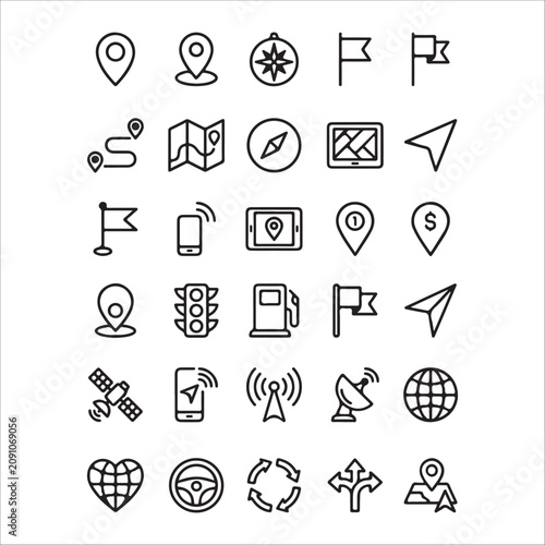 Minimal Navigation & GPS Line Icon Set for Maps, Location and Wayfinding UI.