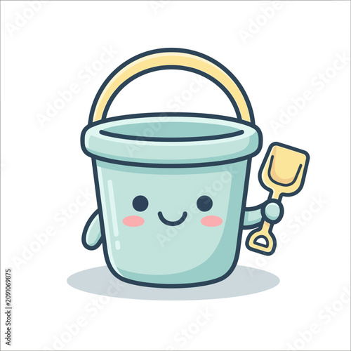 Kawaii blue beach bucket character holding a small yellow spade.
