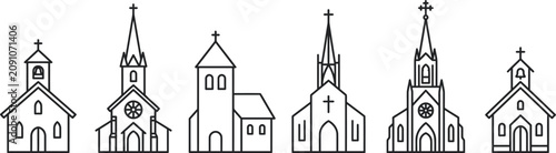 Obraz na płótnie Line art illustration of six diverse church building facades