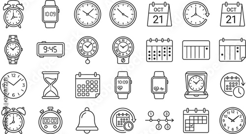 Tableau sur toile Time management icons set clocks watches calendars and timers linear design