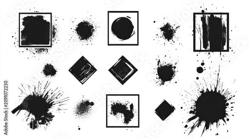 Collection of black ink splashes and abstract shapes arranged in a grid.
