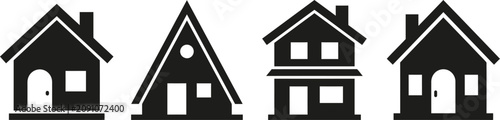 Four black silhouette house icons isolated on white background