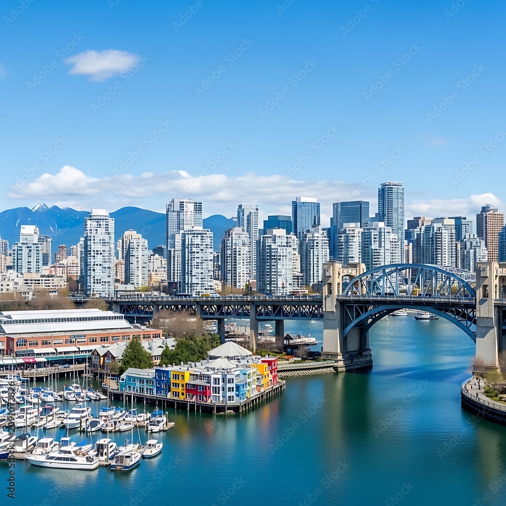 Fototapeta premium Modern Waterfront City Skyline with Marina and Steel Bridge Under Blue Sky