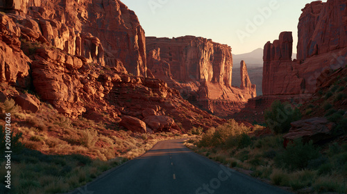 moab red rock canyon at sunrise with scenic desert road