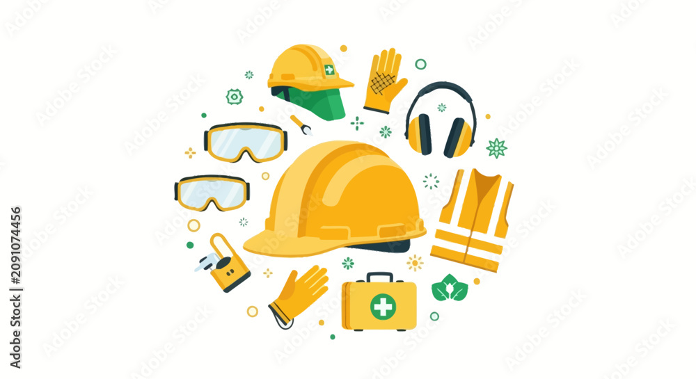 Naklejka premium PPE Safety Equipment Icons Set - Flat Vector Illustration of Industrial Construction Gear including Hard Hat, Goggles, Vest, Gloves, and Ear Protection