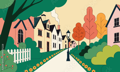 Obraz na plátně Village Street Illustration with Quaint Houses, Colorful Autumn Trees, Flowers B