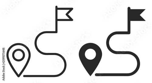 Set of two route path icons with location pin and flag destination symbols in outline and solid styles on transparent background