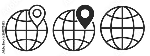 Obraz na plátne Set of globe icons with location markers and global symbol in outline style on t