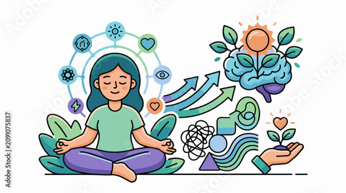A woman meditates with symbols around her head and a brain with a plant growing out of it