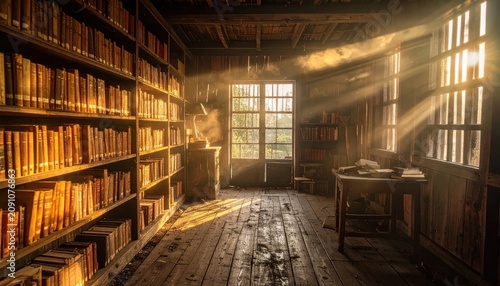 Sunbeams illuminate an old, dusty library filled with antique books and wooden furniture, creating a mystical and scholarly atmosphere.