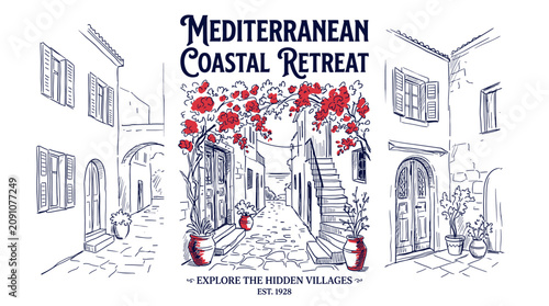 Bild auf Leinwand Vintage Mediterranean coastal village street with bougainvillea flowers and ston