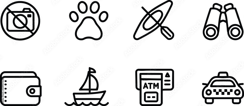 Fototapeta premium Vector illustration collection of outline icons for transport navigation and money management with boat car wallet binoculars and camera.