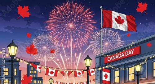 Canada Day fireworks over city skyline with CN Tower vector illustration