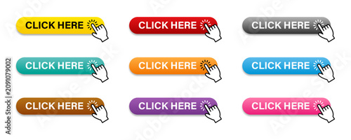 Click Here buttons with click cursor. Colorful button set for website design. Click here banner with shadow. Vector illustration.