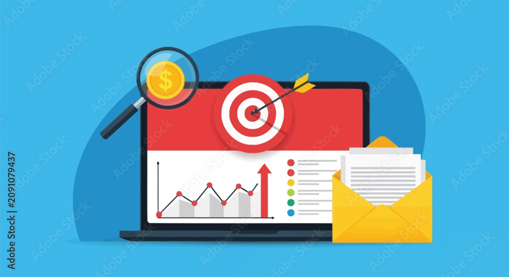 Obraz premium Data analysis and cyber security monitoring concept illustration featuring a laptop screen with financial graph and target symbol alongside email document icon.