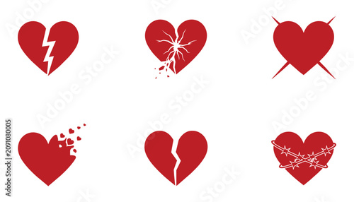 Bild auf Leinwand Collection of red heart icons showing cracks and barbed wire