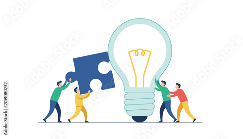 Team of coworkers collaborate to fit a blue puzzle piece into a large lightbulb symbolizing the assembly of innovative ideas and creative solutions.