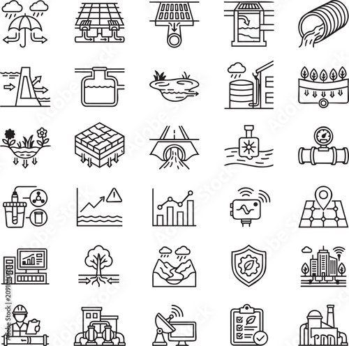 Stormwater Management Line Icons Set for Urban Drainage, Flood Control, Smart Water Infrastructure UI UX Vector Pack