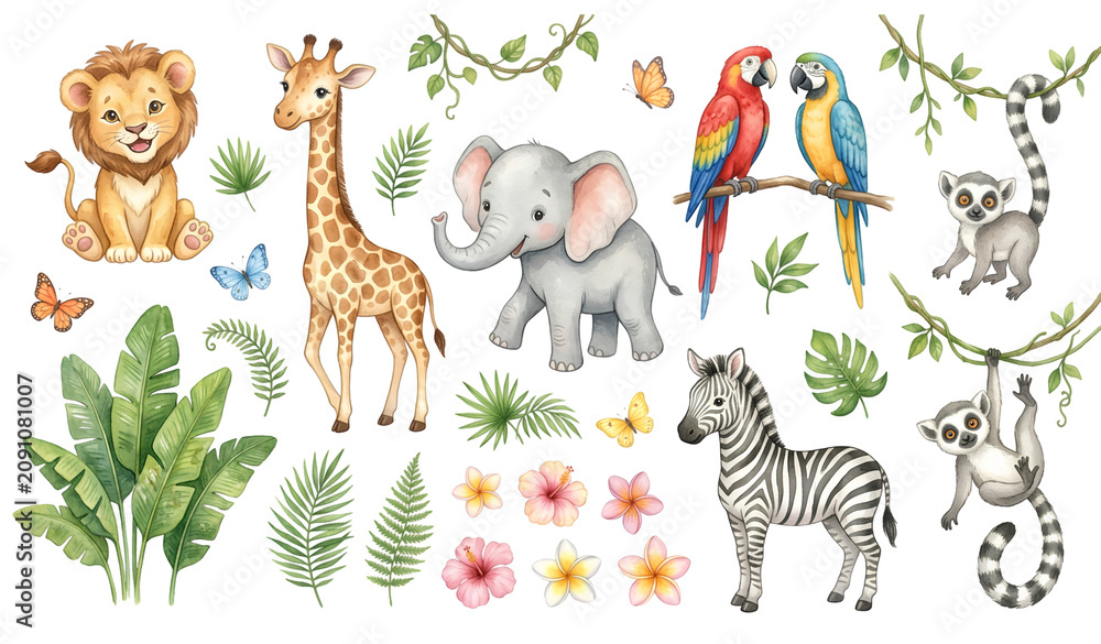 Fototapeta premium Untitled design - Cute Watercolor Safari Animals PNG Set for Children's Nursery Wallpaper Illustration