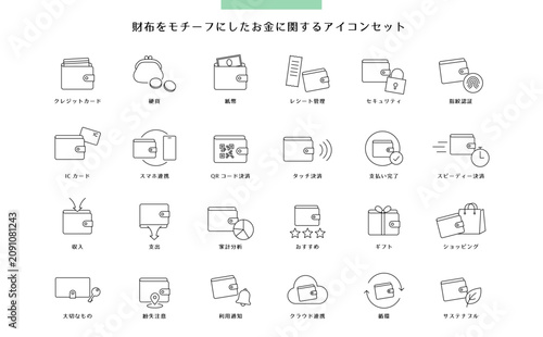 財布とキャッシュレス決済・家計管理を表現した抽象線画アイコンセット24選