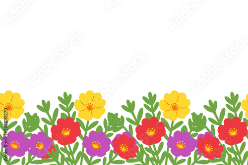 Vector colorful flowers seamless border illustration, cute flat moss rose floral meadow horizontal banner background with green leaves