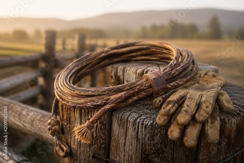 Coiled leather lasso and work gloves on weathered wooden fence post.