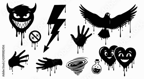 Schilderij op canvas Collection of Dark Themed Symbols and Icons for Creative Design.