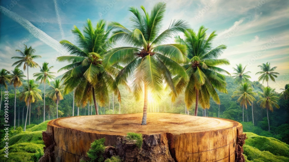 Fototapeta premium Tranquil Paradise A Lush Tropical Landscape Featuring a Majestic Palm Tree Centered on a Weathered Wooden Stump
