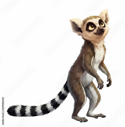 Cute cartoon illustration of a ring-tailed lemur standing, isolated on a white background