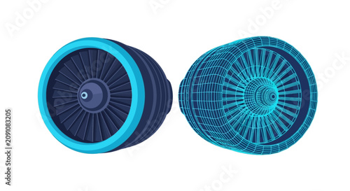 Aerospace Engineering Jet Turbine Fan and 3D Mesh Wireframe Model Concept on White Background