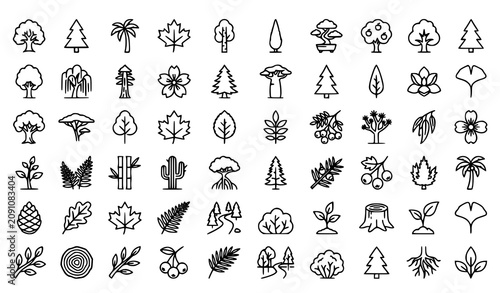 Tree Linear Icon Set with Forest Botanical and Nature Outline Symbols