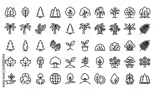 Nature Tree Outline Icons Pack with Forest and Botanical Plant Symbols