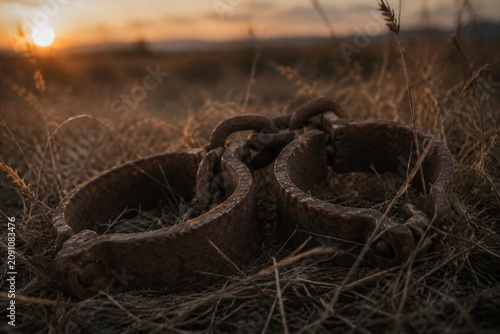 Fotografie Heavy rusted iron shackles discarded in overgrown dry grass at sunset