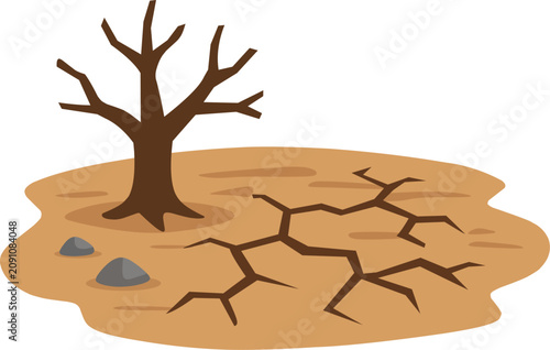 Canvas-taulu Vector illustration showcasing a barren tree on parched, cracked earth, symboliz