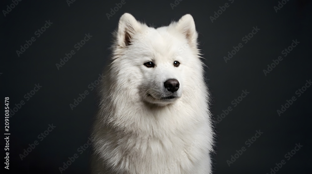 Fototapeta premium Portrait Of A Beautiful Fluffy White Samoyed Dog Looking At Camera With Dark Background Ideal For Pet Care Veterinary Concepts And National Dog Day