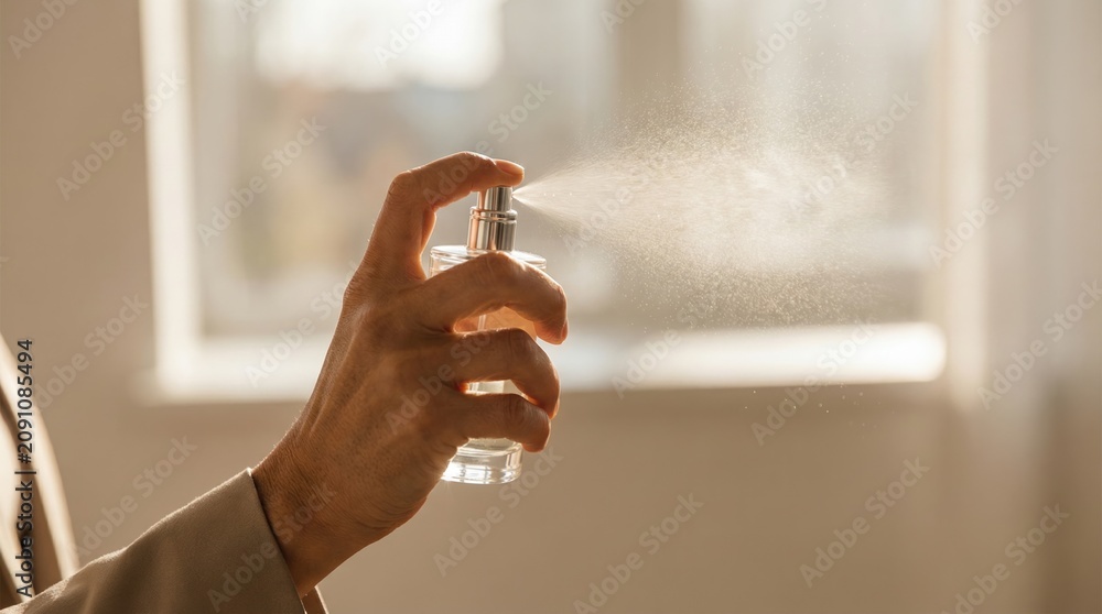 Obraz premium A person holds a perfume bottle and sprays it in a room filled with sunlight. The scene shows a moment of preparing for an event
