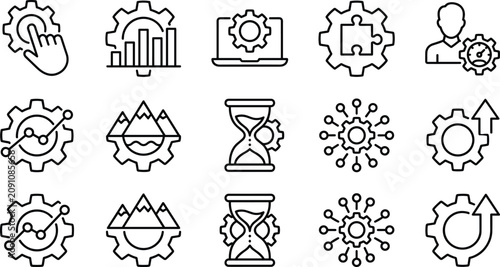 Quadro em tela Diverse set of line icons showing gear variations applied to business reports laptop puzzles and scheduling
