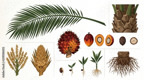 Botanical illustrations of oil palm: fruit, seeds, leaves, roots, trunk, growth stages
